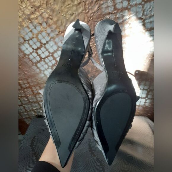 Zara Nwot Gray Satin Slingback Kitten Heels - Picture 7 of 15